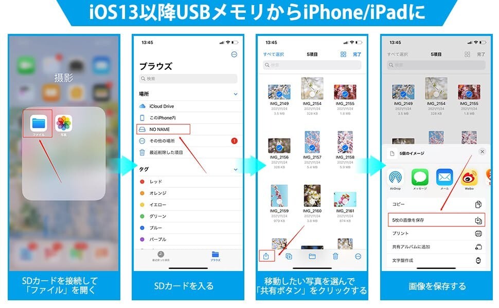 iPhone SDカードリーダー 3in1 SDカードカメラリーダー USB/SD/TF変換アダプタ 写真/ビデオ/資料 双方向高速データ転送 データ移行_画像10