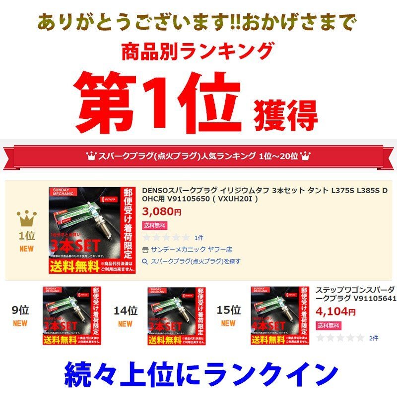 ダイハツ タント タントカスタム DENSO イリジウムタフ スパークプラグ 3本セット VXUH20I L385S H23.06-H25.10 デンソー V9110-5650の画像3