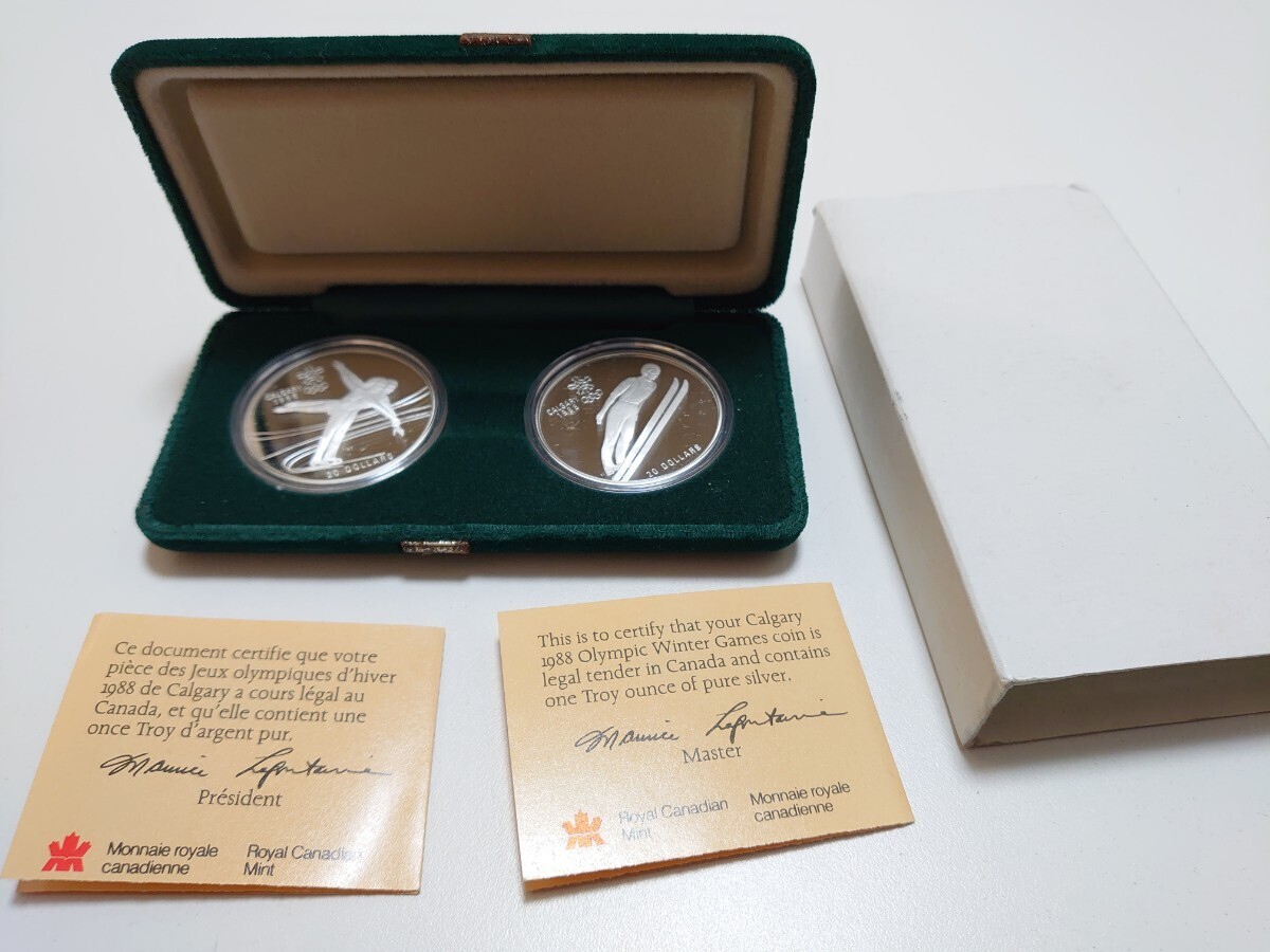カナダ 1988年 カルガリーオリンピック 20ドル 記念銀貨 エリザベス2世 メダルセット ケース付き 92.5％fine Silver 34.107g コレクション_画像1