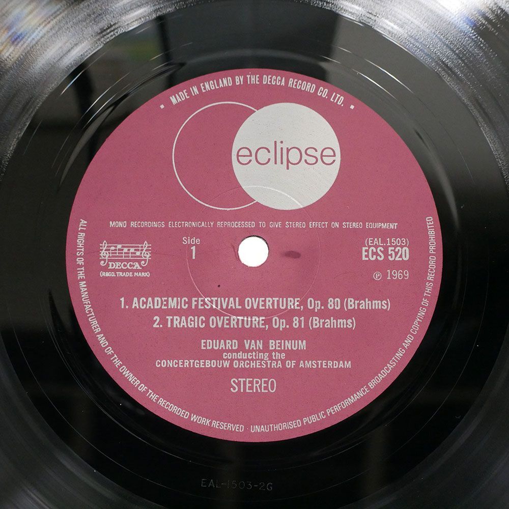 英 ベイヌム/ブラームス 大学祝典序曲悲劇的序曲/DECCA ECLIPSE ECS520 LP_画像2