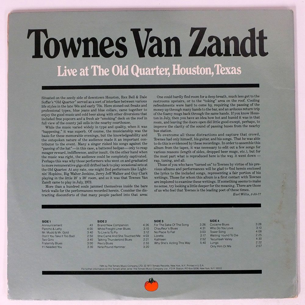 TOWNES VAN ZANDT/LIVE AT THE OLD QUARTER,HOUSTON,TEXAS/TOMATO TOM27001 LP_画像2