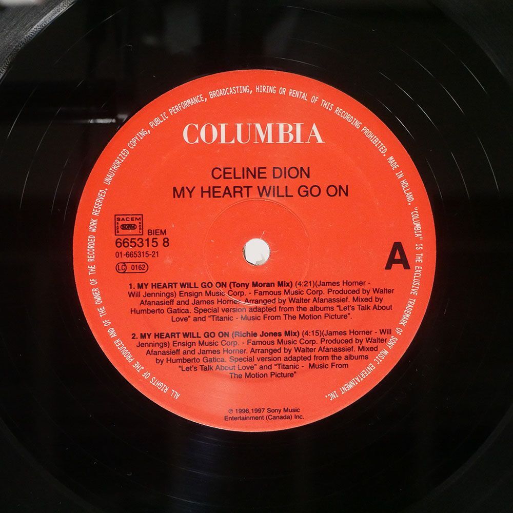 CELINE DION/MY HEART WILL GO ON/COLUMBIA 6653158 12の画像2