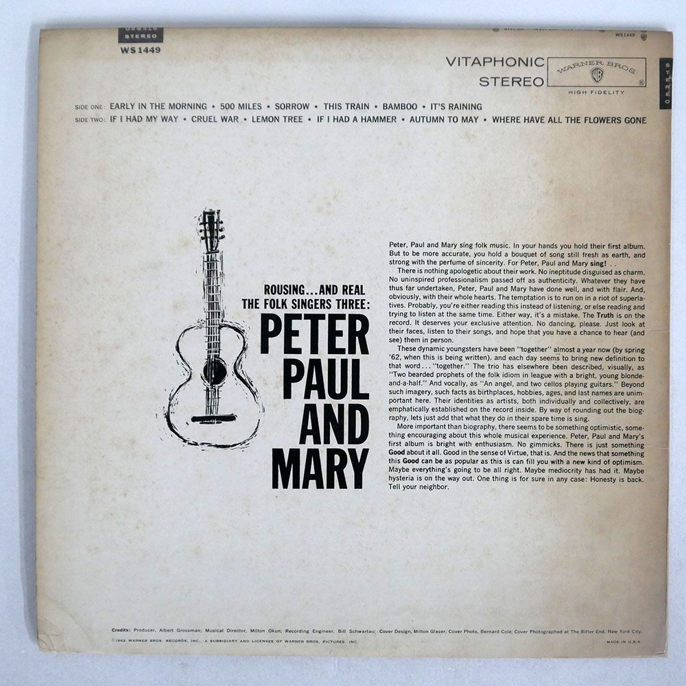 米 PETER PAUL & MARY/PETER, PAUL AND MARY/WARNER BROS. WS1449 LP_画像3