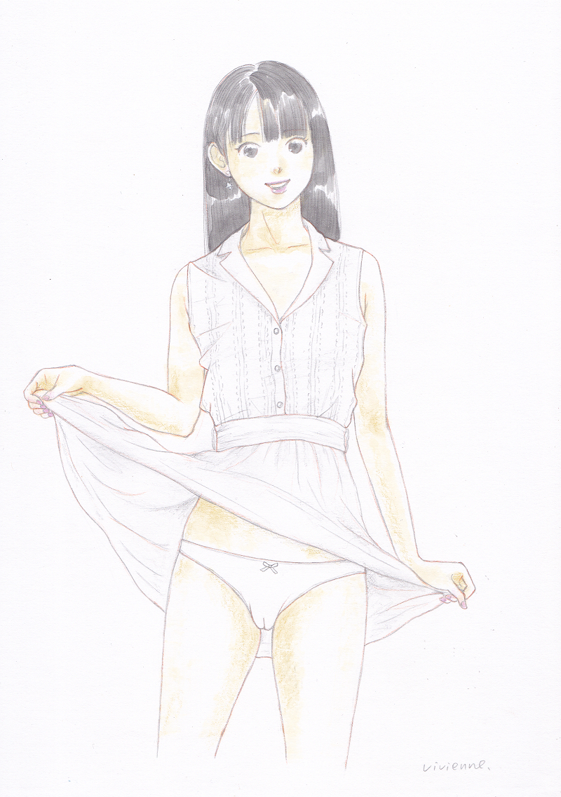 vivi 手描きイラスト「sketch67」女の子 美女 美少女 ワンピース ちらり 美人画 人物画 鉛筆画 直筆 原画 A4の画像2