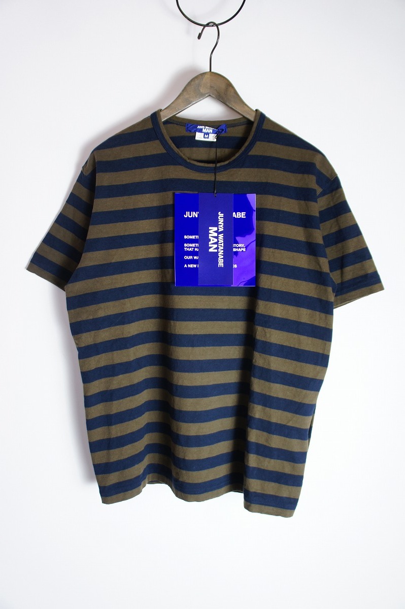 美品23SS JUNYA WATANABE MANジュンヤ ワタナベ コムデギャルソン 綿天竺ボーダー Tシャツ 半袖カットソー WK-T021 紺×カーキ331O_画像1