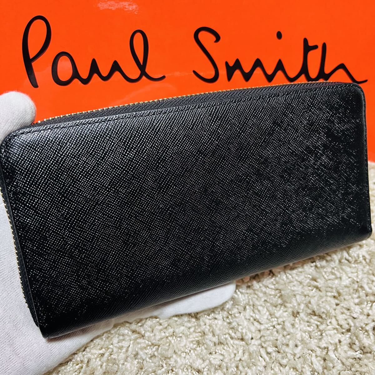 美品 新作 ポールスミス PaulSmith ジップストローグレイン 長財布 ラウンドファスナー ブラック P785 メンズ レディース バッグ 8799_画像3