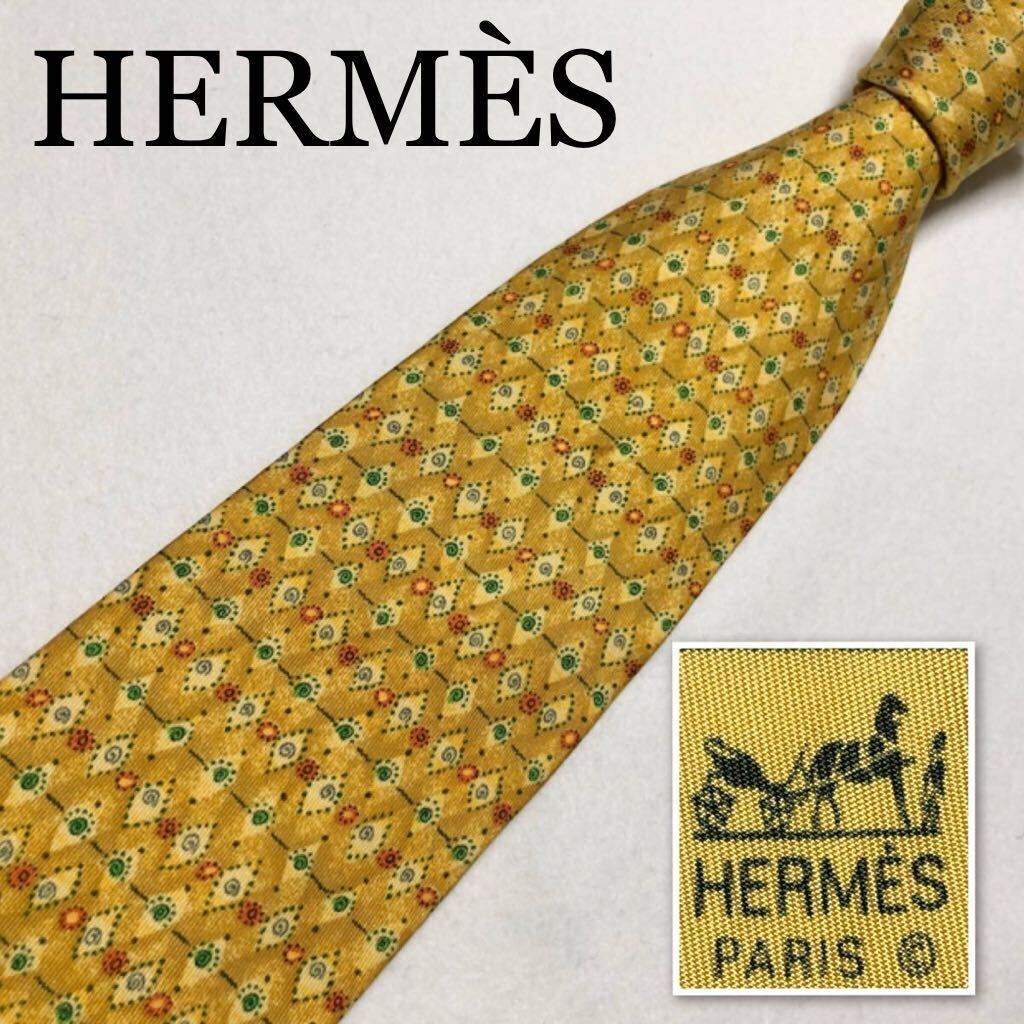 HERMES エルメス　ネクタイ　エスニック柄　ボーダー　総柄　シルク100% フランス製　イエロー　ビジネス_画像1