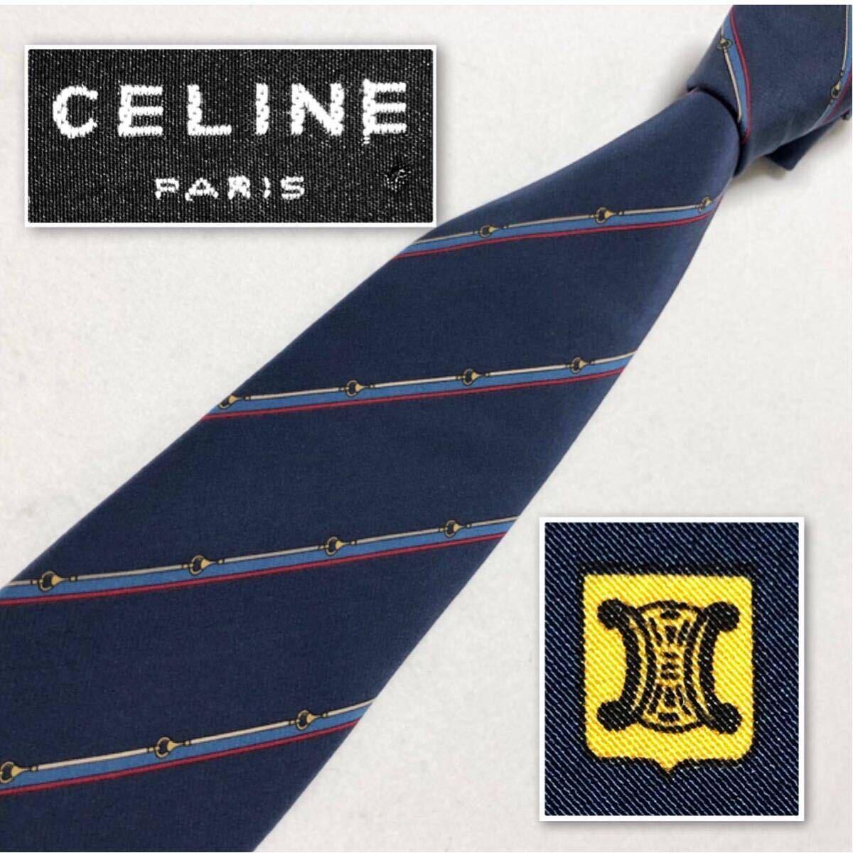 CELINE Celine necktie metal fittings cord reji men taru stripe silk 100% Spain made blue group business 