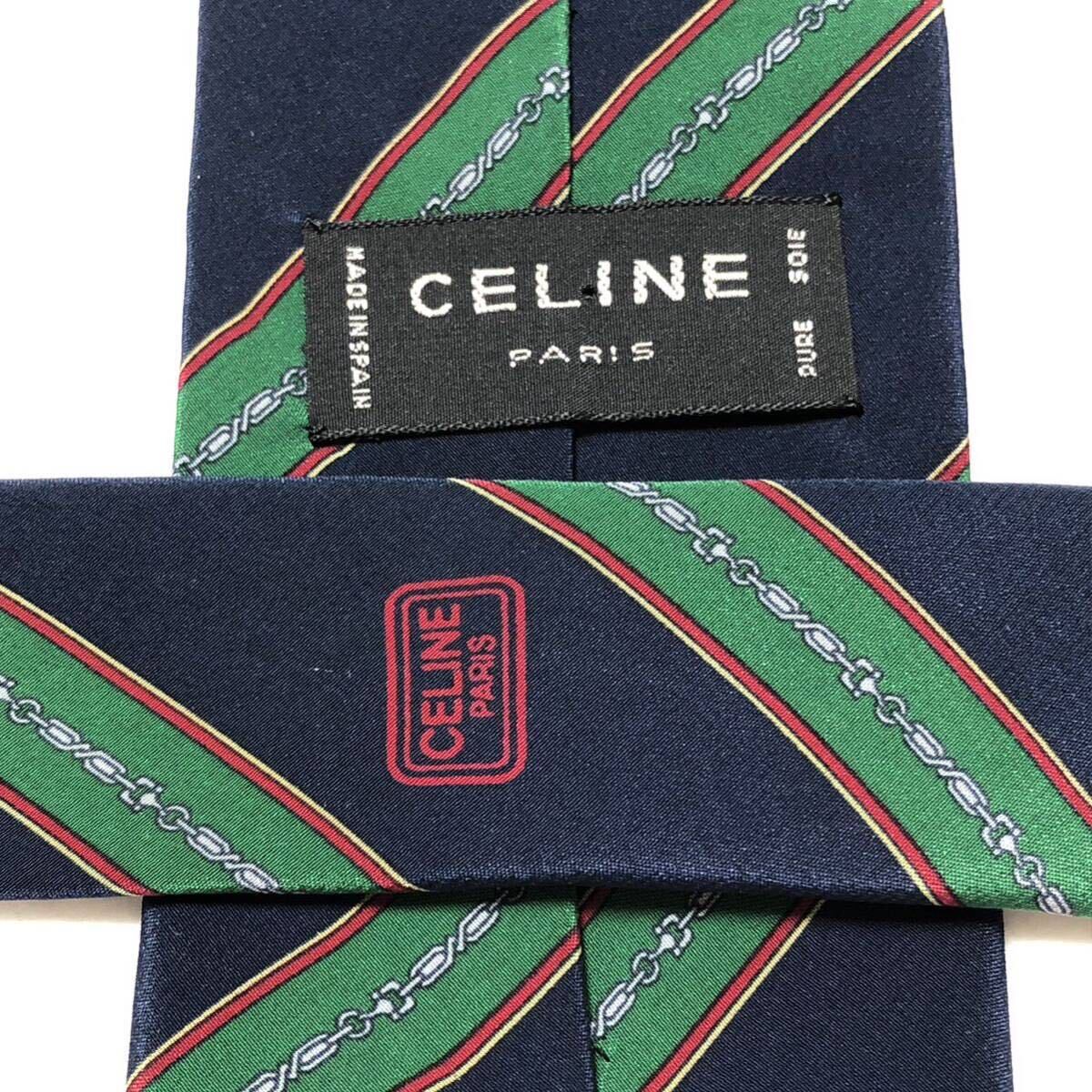 # beautiful goods #CELINE Celine necktie reji men taru stripe metal fittings silk 100% Spain made navy × green business 