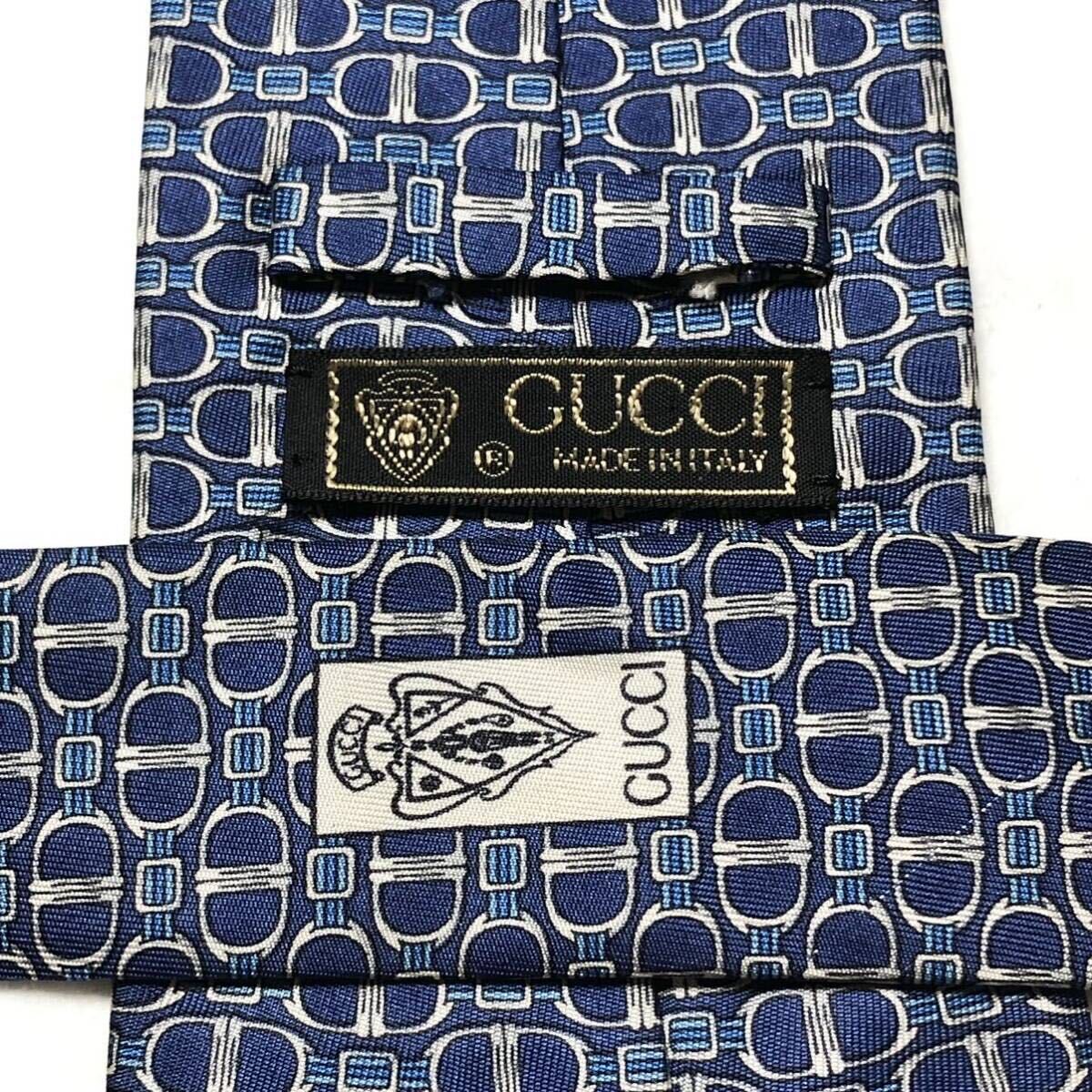 GUCCI グッチ　ネクタイ　金具　総柄　シルク100% イタリア製　ブルー系　ビジネス_画像5