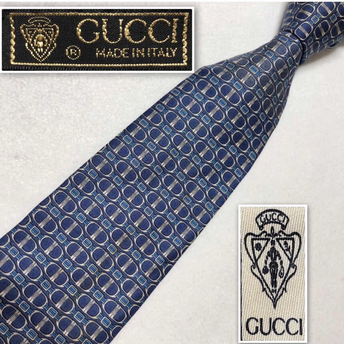 GUCCI グッチ　ネクタイ　金具　総柄　シルク100% イタリア製　ブルー系　ビジネス_画像1