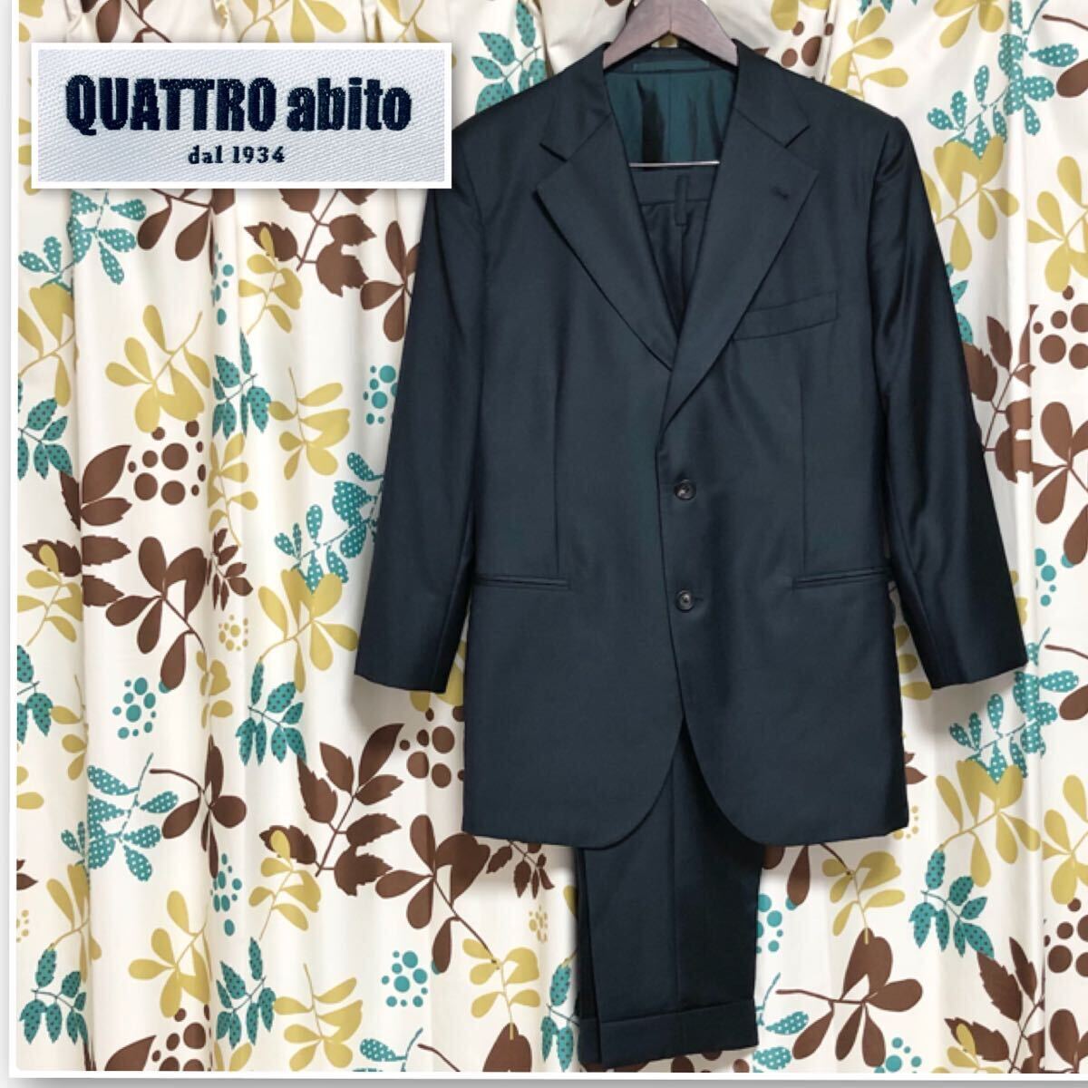 ■ほぼ未使用■QUATTRO abito クアトロアビト　フルオーダースーツ 上下　ダークグリーン　シングル3つボタン　本切羽　裾ダブル_画像1