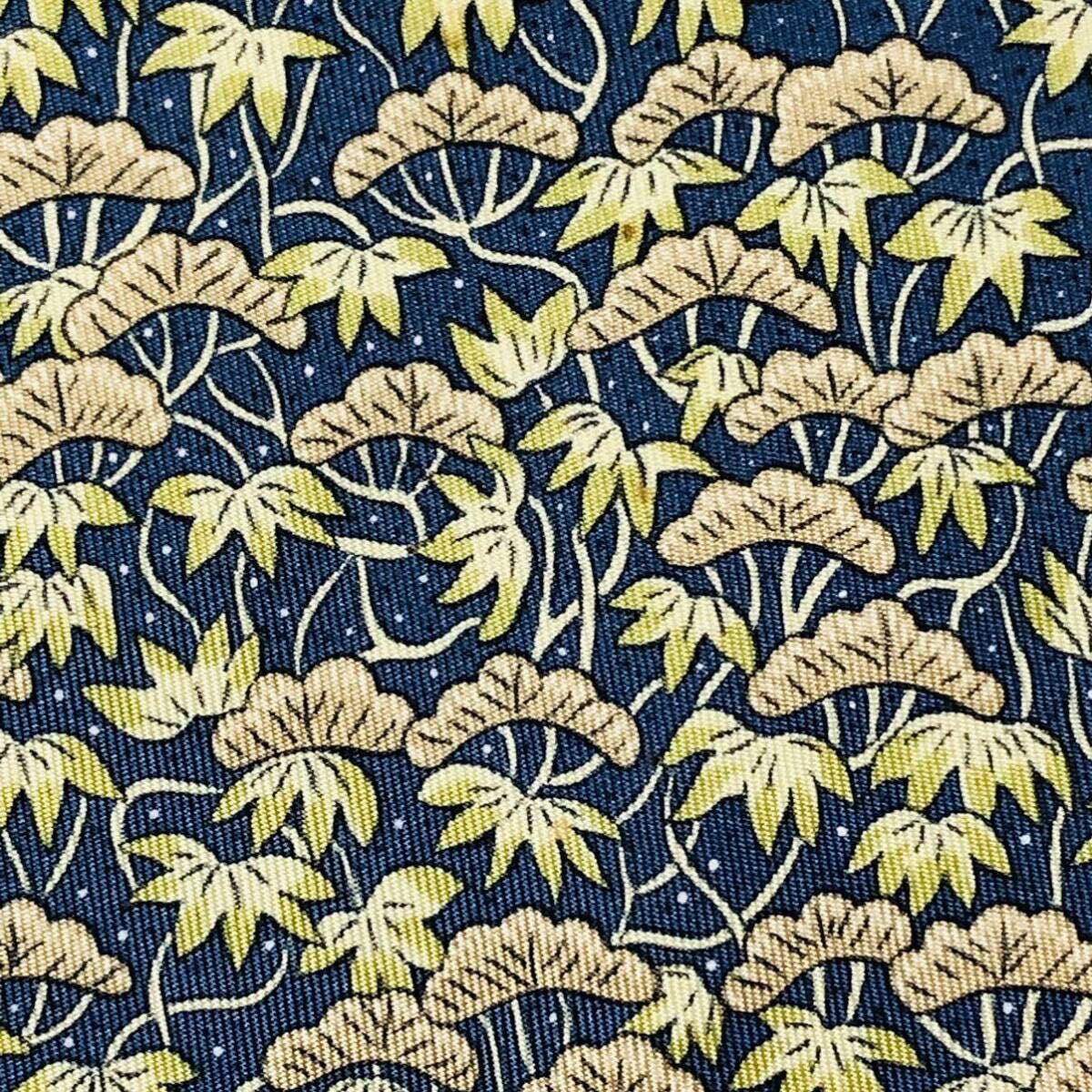 ■美品■HERMES エルメス　ネクタイ　蔓の葉　ボタニカル　総柄　シルク100% フランス製　ブルー系×イエロー系　ビジネス