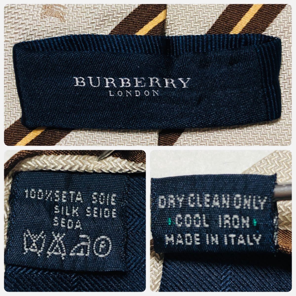 ■美品■BURBERRY LONDON バーバリーロンドン　ネクタイ　ロゴ刺しゅう　ホースマーク×レジメンタルストライプ　シルク100% イタリア製