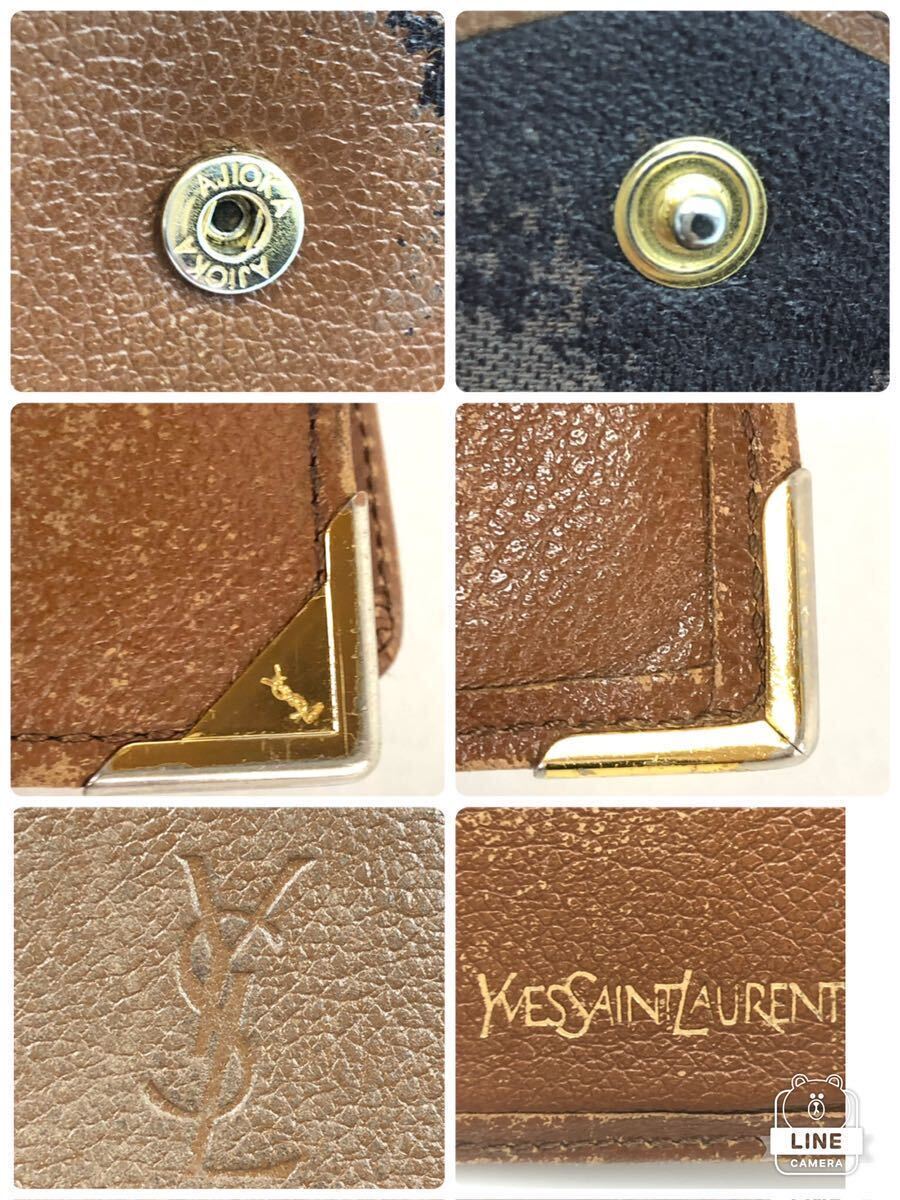 Yves saint Laurent イヴサンローラン　YSLロゴ型押し　三角プレート　二つ折り財布　レザー　ブラウン　ゴールド金具