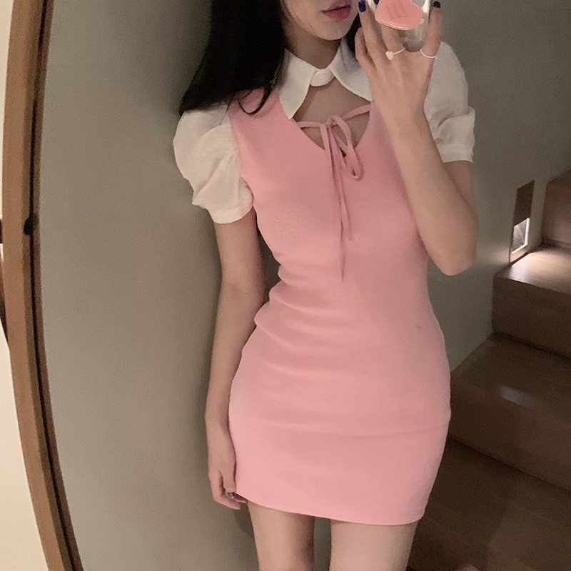 3266 short sleeves One-piece body navy blue OL pink M