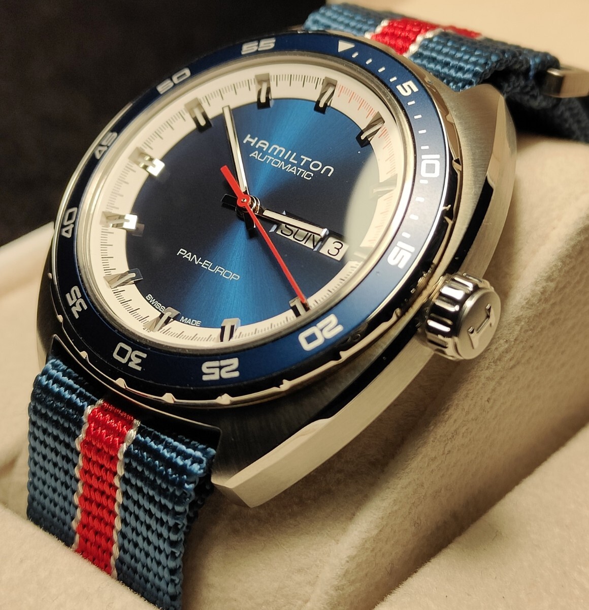 送料無料 未使用 hamilton PAN EUROP DAY DATE ハミルトン パンユーロ オートマチック 腕時計 khaki 自動巻き ball JAZZ MASTER watchの画像2