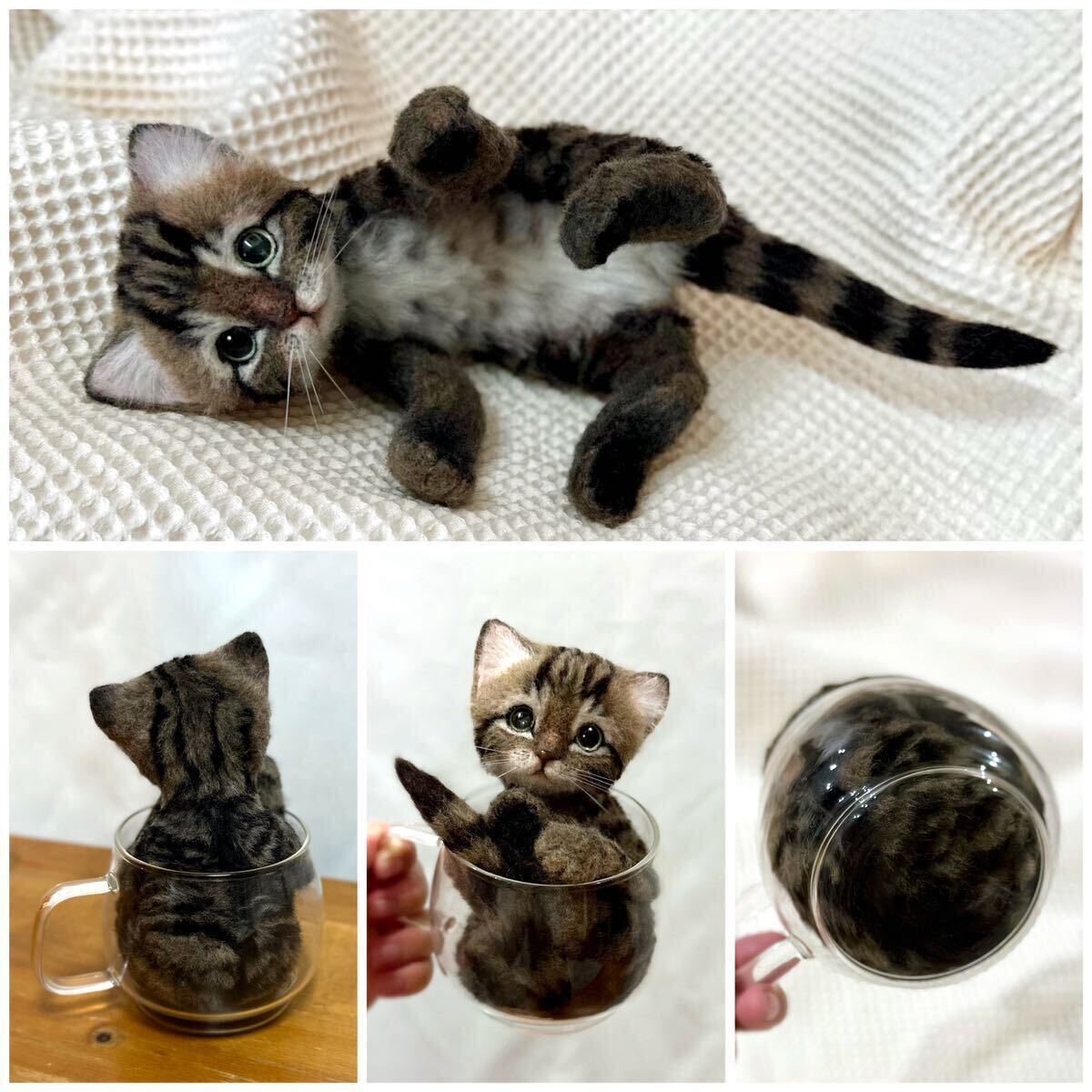 nenneco. キジトラ 仔猫 ティーカップキャット 液体猫 羊毛フェルト リアルサイズ ブラウンタビー ハンドメイド _画像10