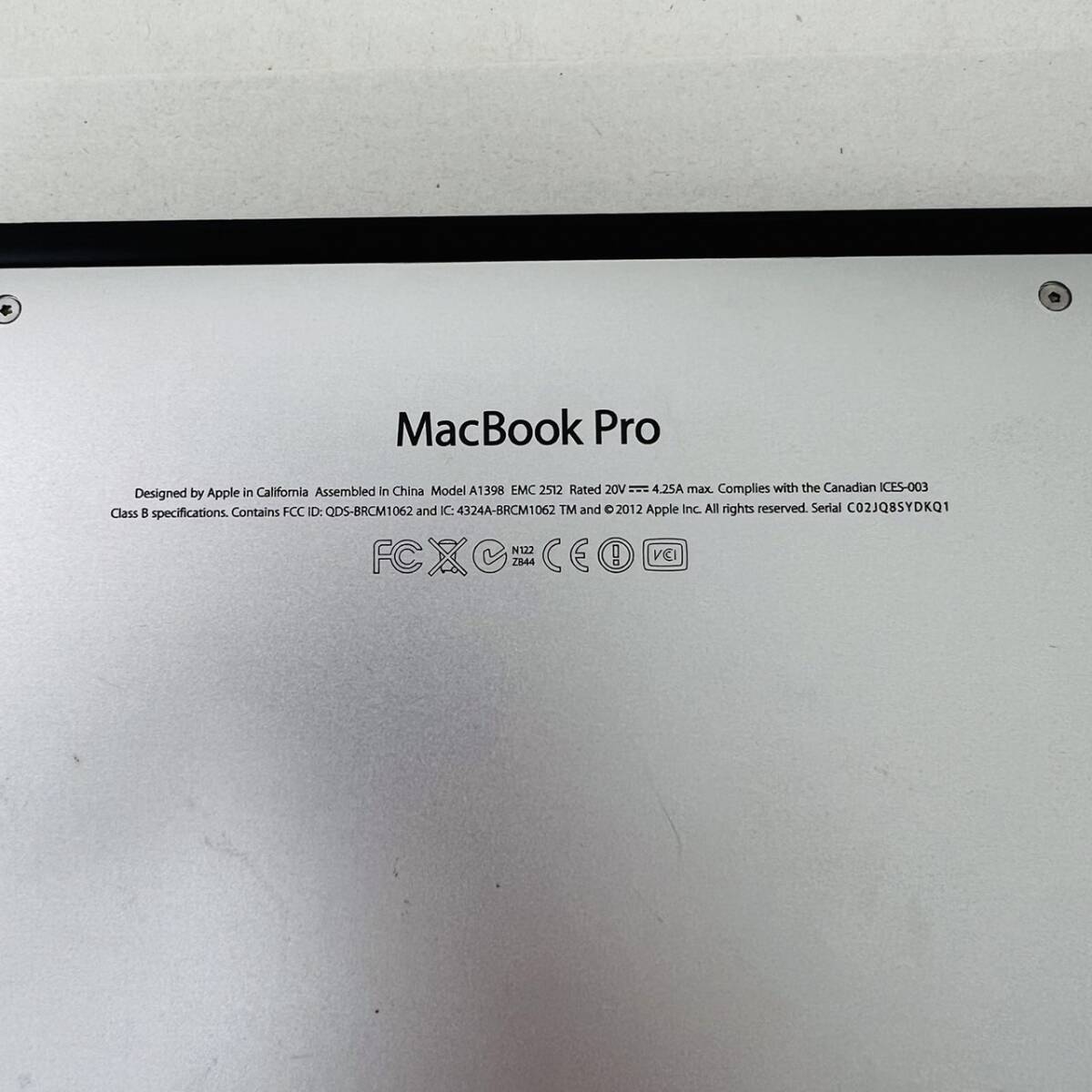 【MMY3267KK】１円スタート 初期化済 APPLE Mac Book Pro A1398 ノートパソコン 充電コード断裂有 mac OS Catalina 2012年モデルの画像5