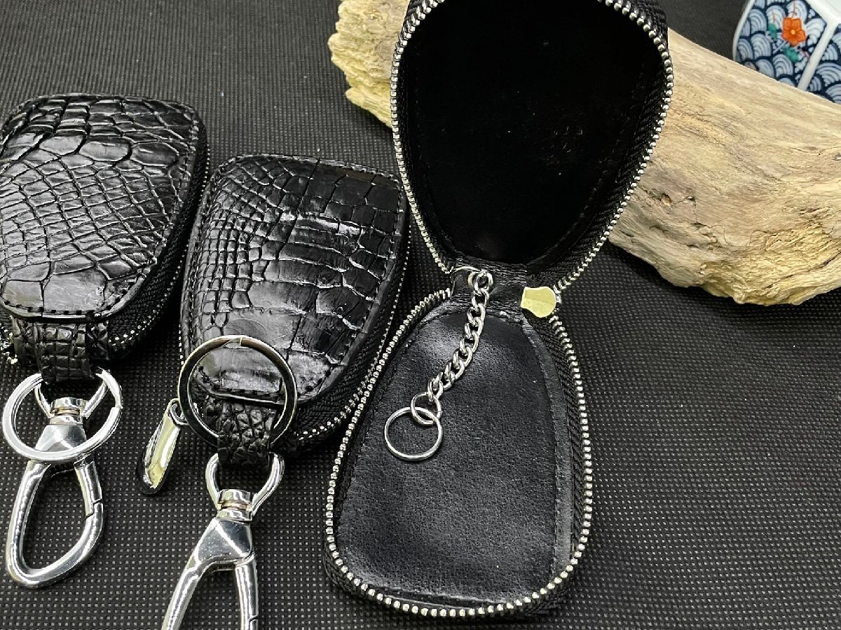 1 jpy 3 point set crocodile key case genuine article wani leather key inserting . leather hook smart key case black key holder black 