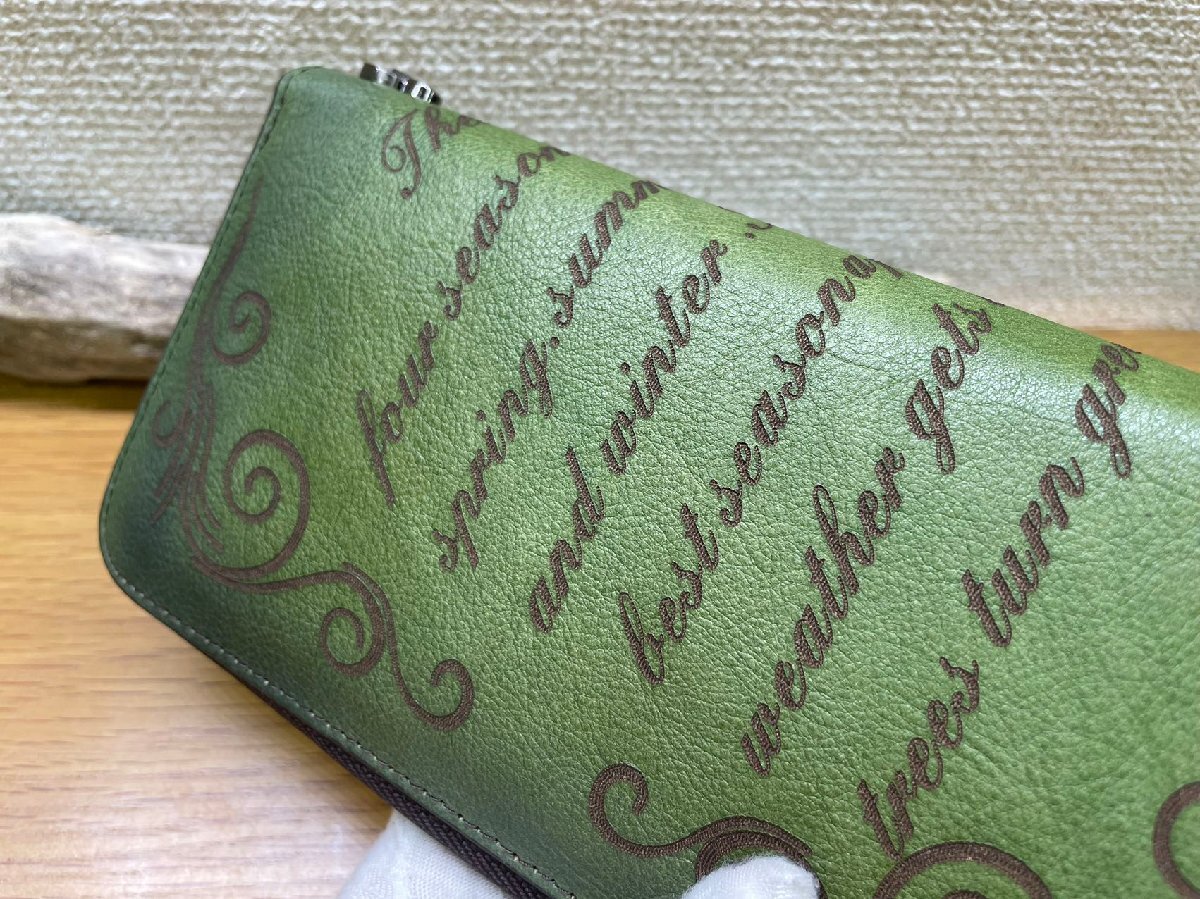 1 jpy Italian original leather hand made long wallet cow leather leather wallet cow cow leather round fastener for man purse green unused 