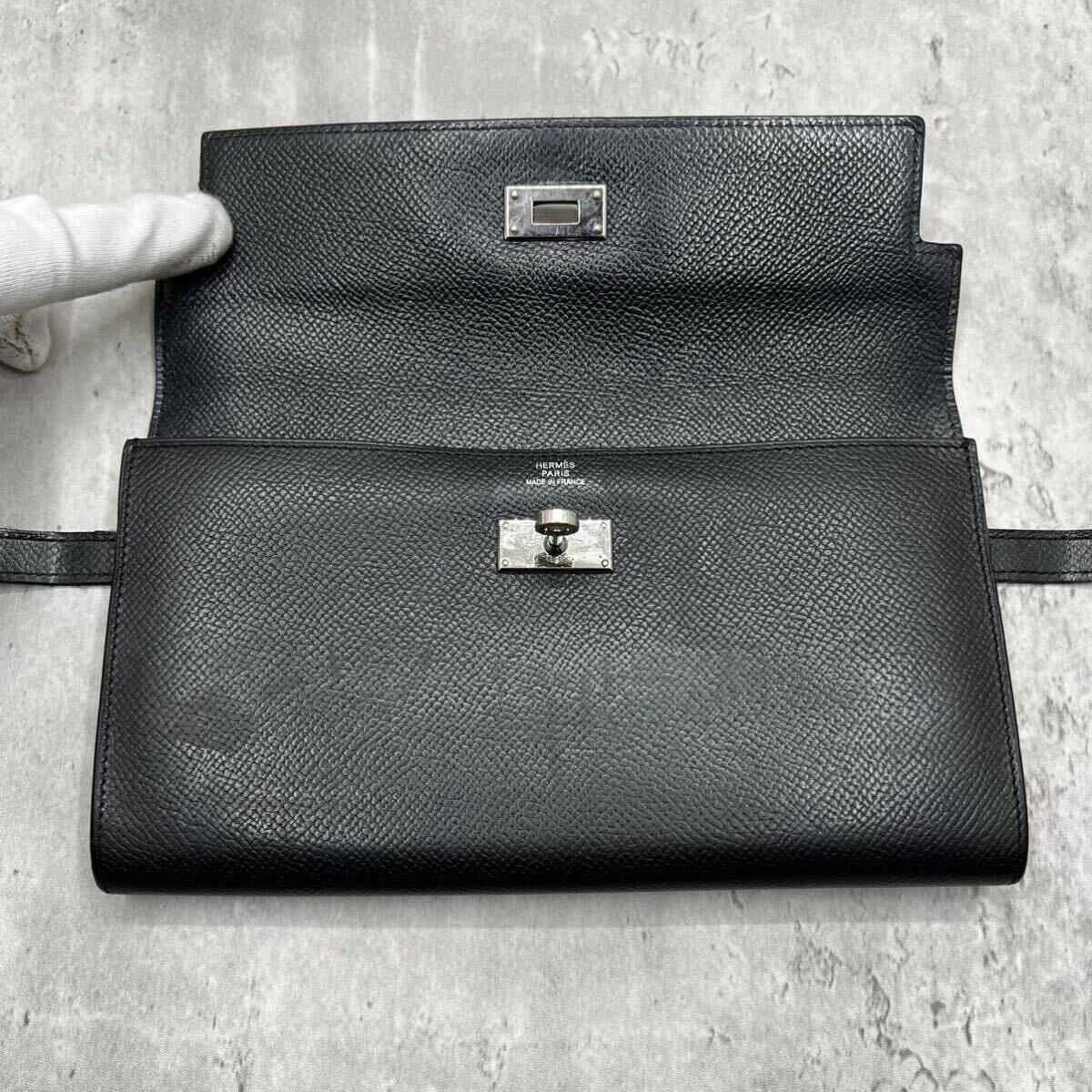 【希少品 極美品】エルメス HERMES 長財布 ケリーウォレット ロング エプソン レザー ターンロック シルバー金具 メンズ レディース 黒_画像7