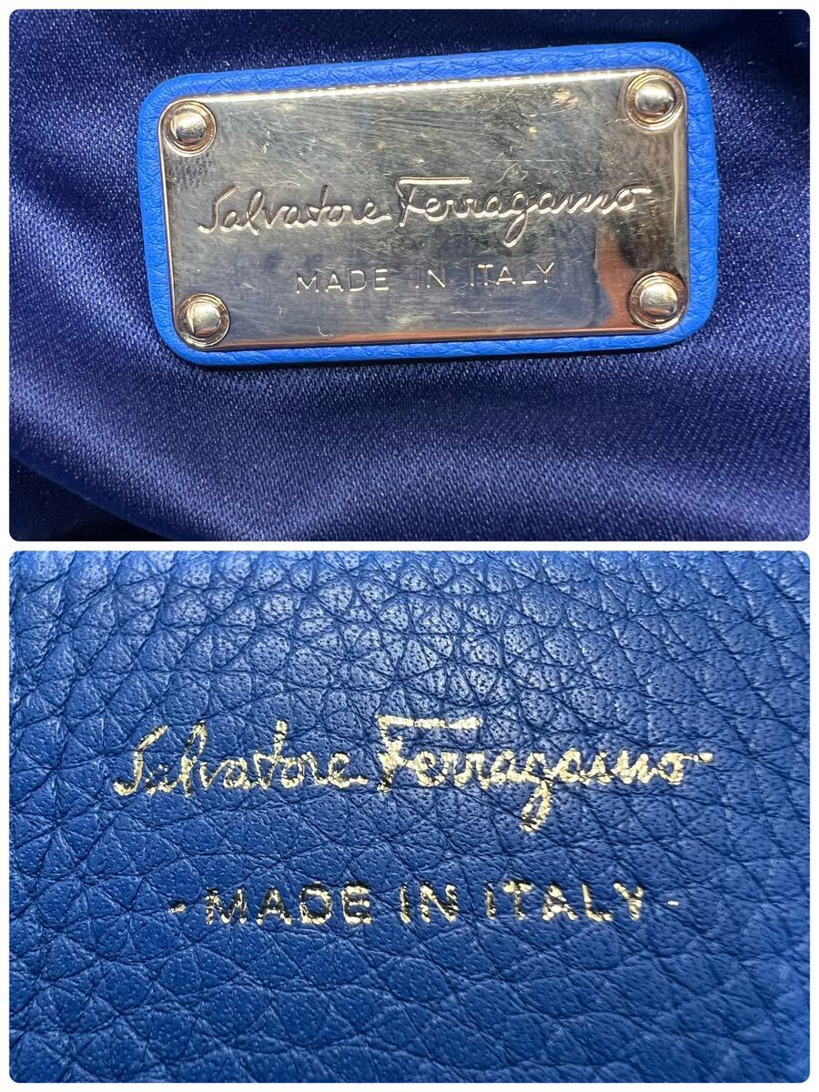 【美品】Salvatore Ferragamo フェラガモ トートバッグ ハンドバッグ レザー 肩掛け A4収納 ブルー 青 メンズ ビジネス 金具の画像10