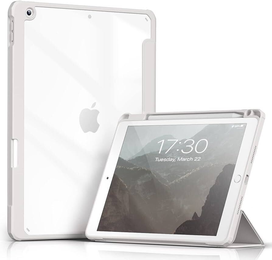 2312302☆ iPad 9世代 ケース 10.2 インチ iPad ケース 第9/8 /7世代 2021 2020 2019 透明バックカバー ペン収納 三つ折スタンド_画像1