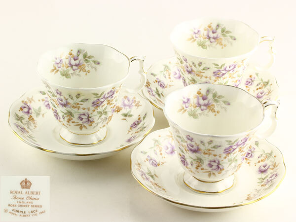 洋食器 ROYAL ALBERT ロイヤルアルバート PURPLE LACE カップ&ソーサ 3客 D0119の画像1