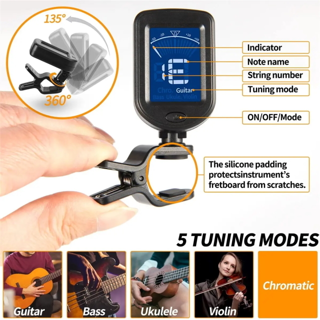 P クリップ式ギターチューナー エレキギター/エレキベース/アクアスティックに対応 高感度ワイヤレスチューナー LEDバックライトで見やすいの画像5