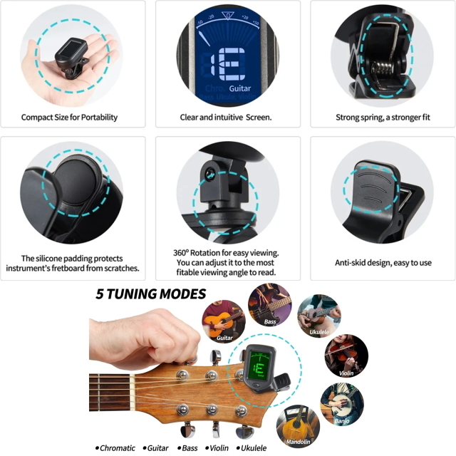 P クリップ式ギターチューナー エレキギター/エレキベース/アクアスティックに対応 高感度ワイヤレスチューナー LEDバックライトで見やすいの画像8