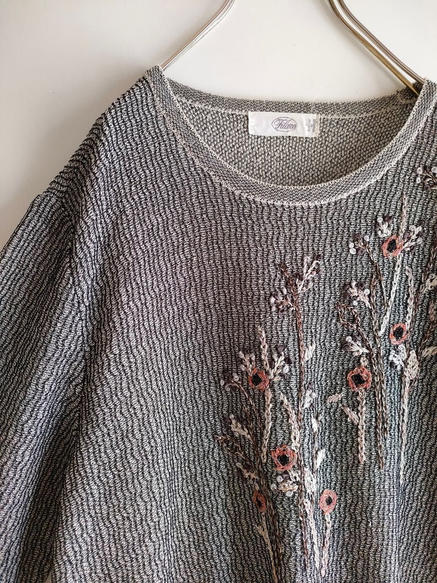 vintage 立体刺繍　花刺繍　サマーニット  ミックスカラー　ヴィンテージ　セーター コットン トップス 半袖