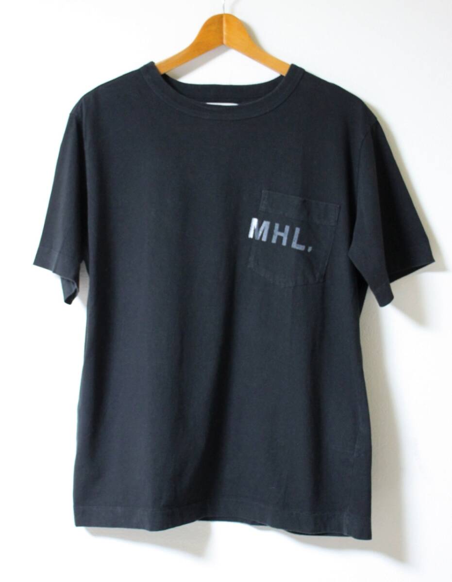 【良品】MHL.(マーガレットハウエル）◆ロゴ ポケット Tシャツ 黒 L メンズ プリントコットンジャージー_画像3