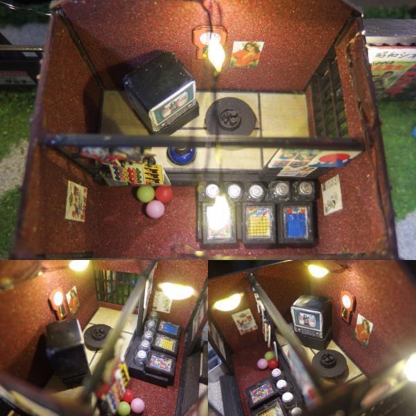 昭和の駄菓子屋（看板の店名変更します）＋ミゼット（1959年式・錆塗装）＋街灯のある小路☆ジオラマ完成品・ライトアップ☆クリアケース付_屋根を外して店内もご覧いただけます