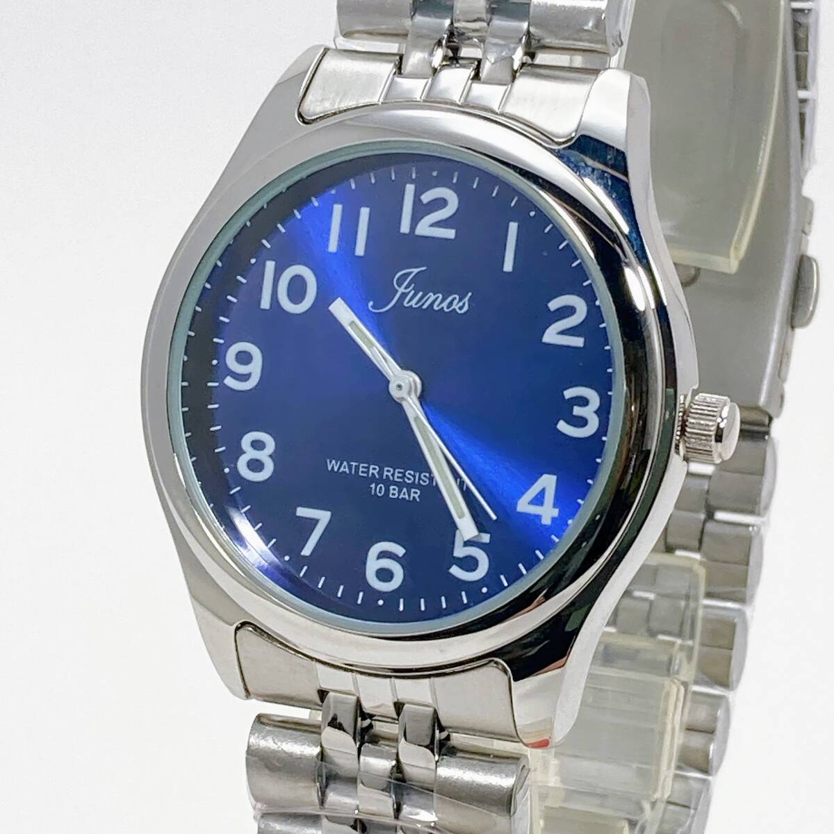【新品/即決/送料230円/保証/ギフト包装】 メンズ腕時計 ブルー 大きく見やすい 10気圧 4年電池 プッシュ式ベルト セイコー機械 N40418-15