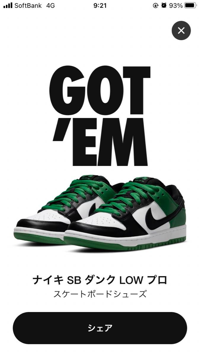 sneakersにて当選　SB DUNK LOW PRO "CLASSIC GREEN" 