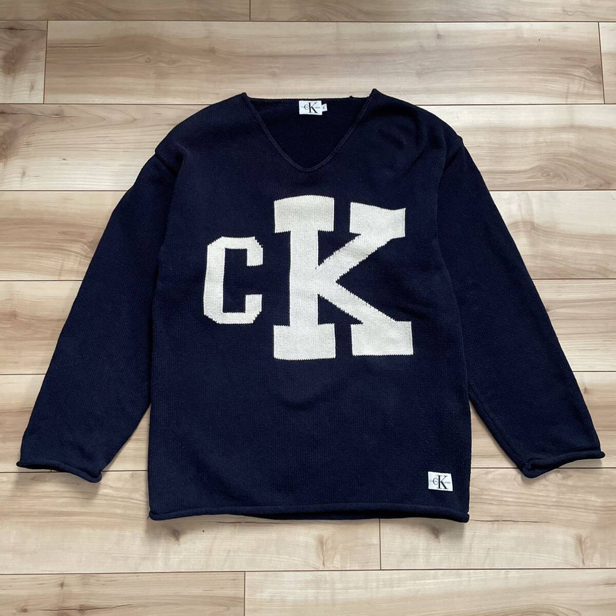 【送料無料】【90s】【USA製】CALVIN KLEIN JEANS CK カルバンクライン Vネック コットン サマーセーター 紺 ヴィンテージ オールド_画像1