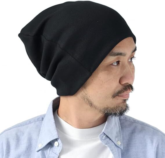 ニット帽 メンズ 大きめ 大きいサイズ 帽子 綿100% リブコットン ワッチキャップ 日本製 ゴルフ 春 夏 春夏 ブラック XLサイズの画像1