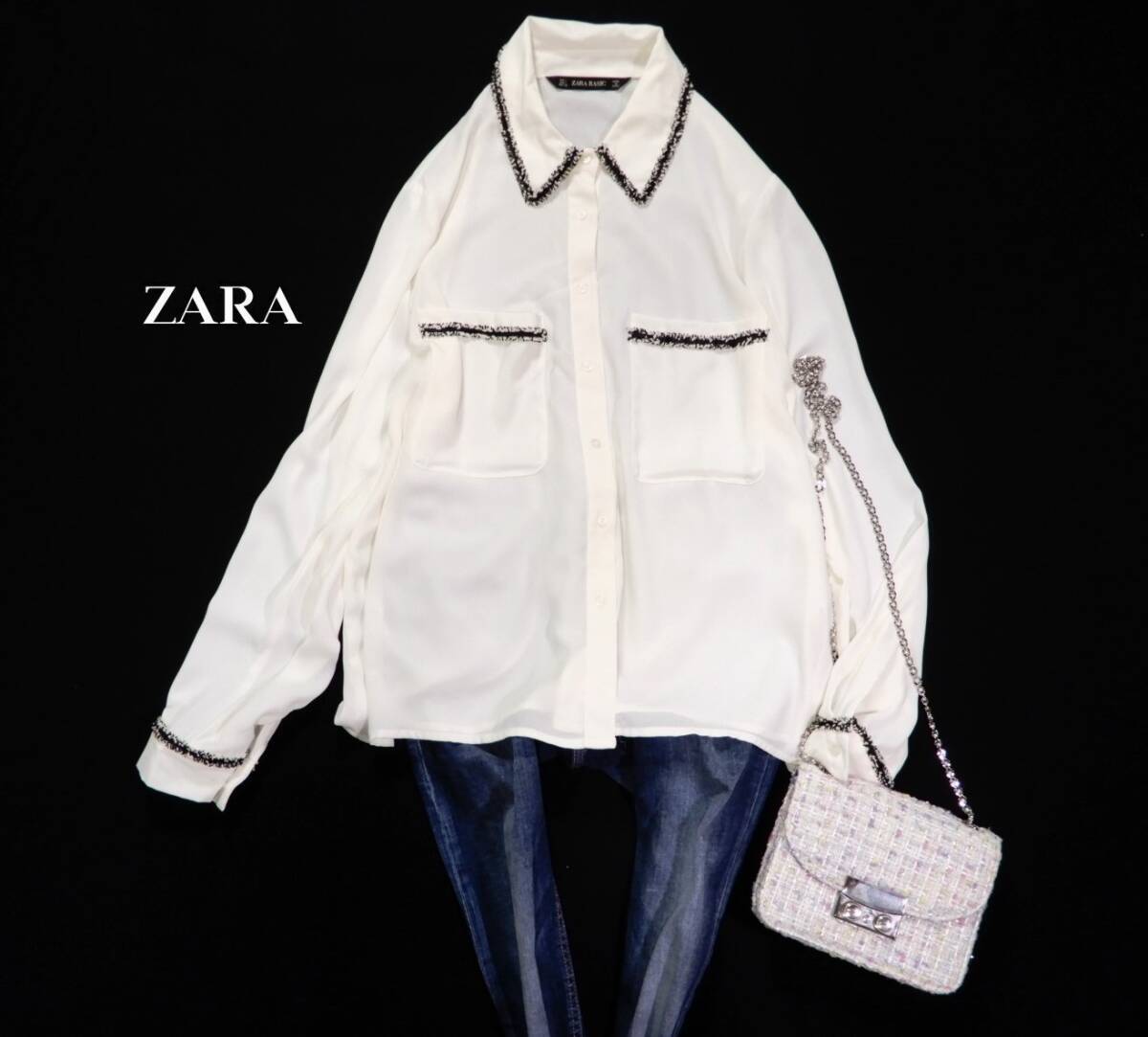 ザラ ZARA BASIC 大人素敵スタイル☆ とろみ パイルフリンジ異素材 デザインシャツブラウス M_画像1