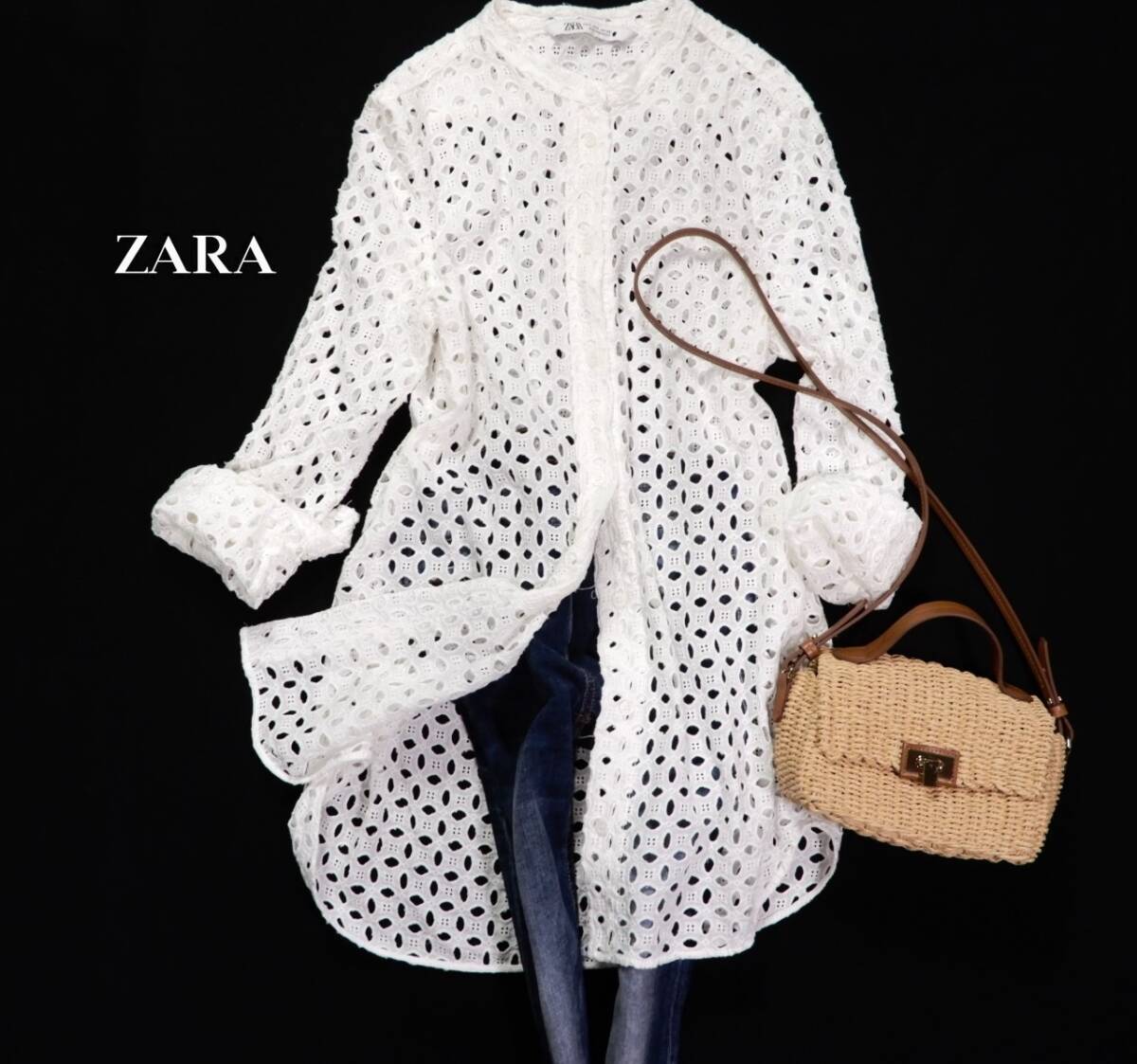 ザラ ZARA 大人可愛い☆ カットワーク刺繍 パンチングレース デザインシャツ チュニック S 羽織にも レイヤードコーデの画像1