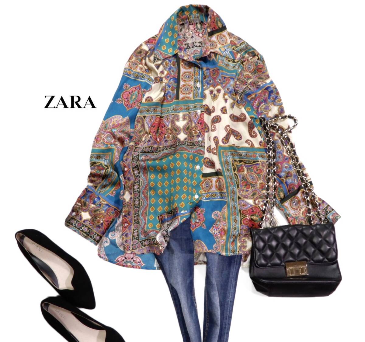 新品同様 ザラ ZARA 大人素敵☆総柄 スカーフ風 微光沢 ペイズリー プリント シャツ ブラウス S_画像1