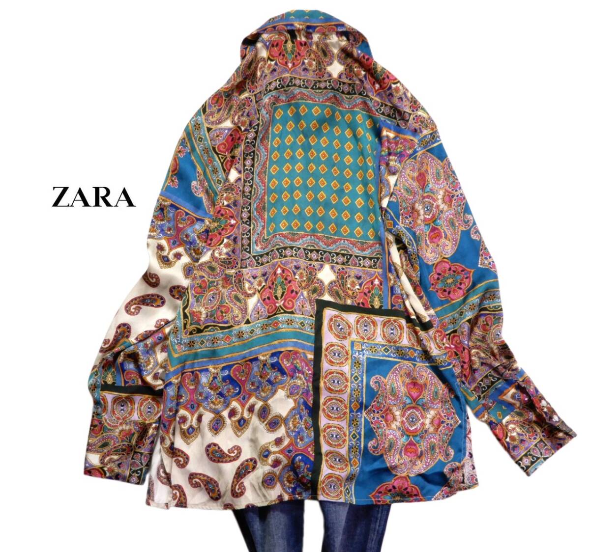 新品同様 ザラ ZARA 大人素敵☆総柄 スカーフ風 微光沢 ペイズリー プリント シャツ ブラウス S_画像2