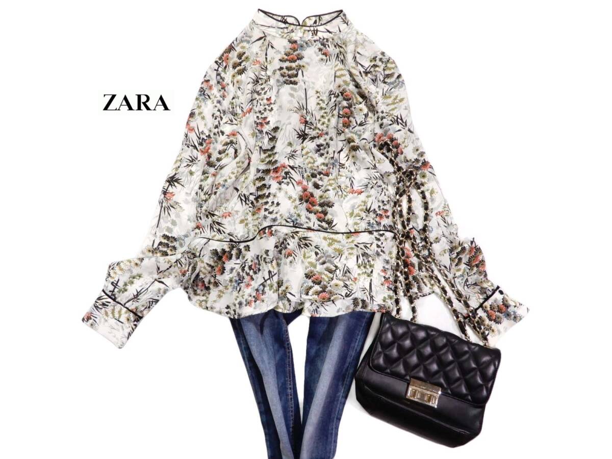 ザラ ZARA BASIC 大人可愛い☆ 総柄 花柄 バックボタンデザイン 裾フレア プルオーバーブラウス Mの画像1