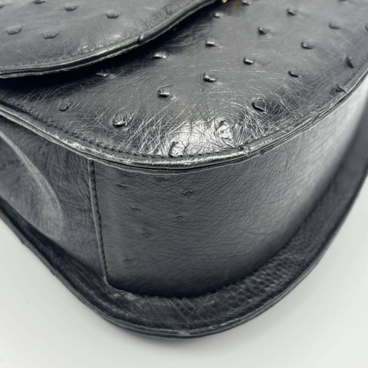 240329-オーストリッチ レザーバッグ ハンドバッグ ブラック 黒 本革 ゴールド金具 ワンハンドル 鞄 レディース 婦人バッグの画像4