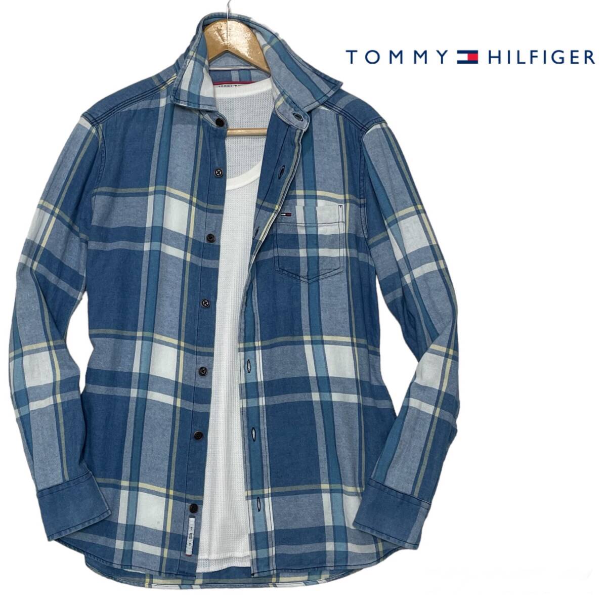 ★1円〜 TOMMY HILFIGER トミーヒルフィガー 近年モデル 雰囲気抜群 インディゴ チェック柄 春夏 コットン 長袖シャツ Sサイズ★_画像1