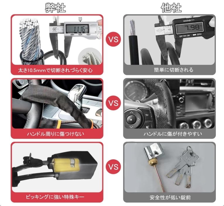 kakyukan ワイヤー型 ステアリングロック 鍵式 ブラック 盗難防止 新品 送料込みの画像4