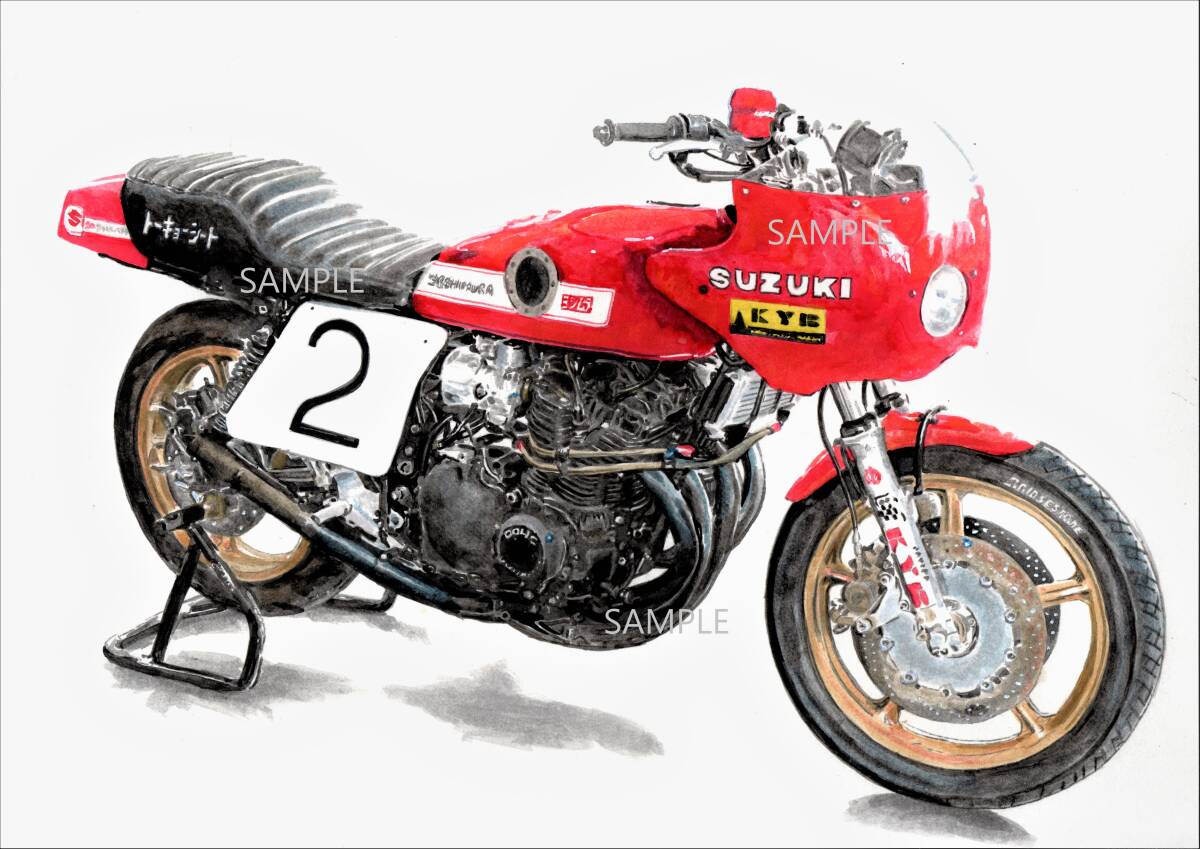 Ａ４プリントです　スズキ　GS1000　鈴鹿8耐　水彩画　バイクイラスト　_画像1