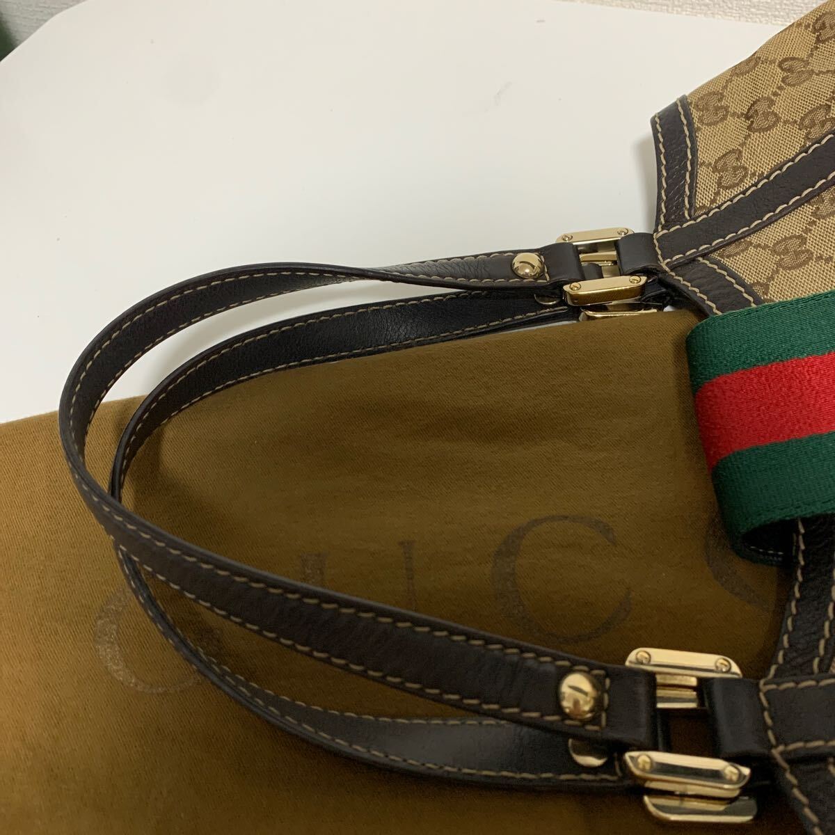 使用回数少　美品　GUCCI グッチ GGキャンバス シェリーライン　ハンドバッグ トートバッグ ブラウン 233607_画像4