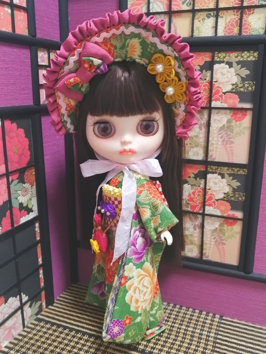 【夢人夜呉服店】Blythe ブライス 着物 outfit　ブライス着物　ハーフボンネットのお着物セット(緑色)_画像1