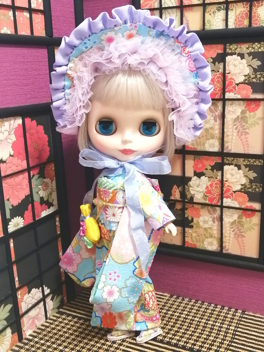 【夢人夜呉服店】ブライス　Blytheブライス着物　ハーフボンネットのお着物セット(水色)　　_画像4